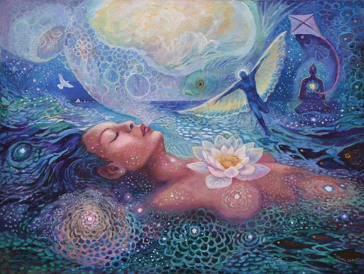 Mystical painting of a woman with a blue lotus positioned over her heart, symbolizing inner transformation, self-discovery, and the power of the heart chakra in our coaching program.